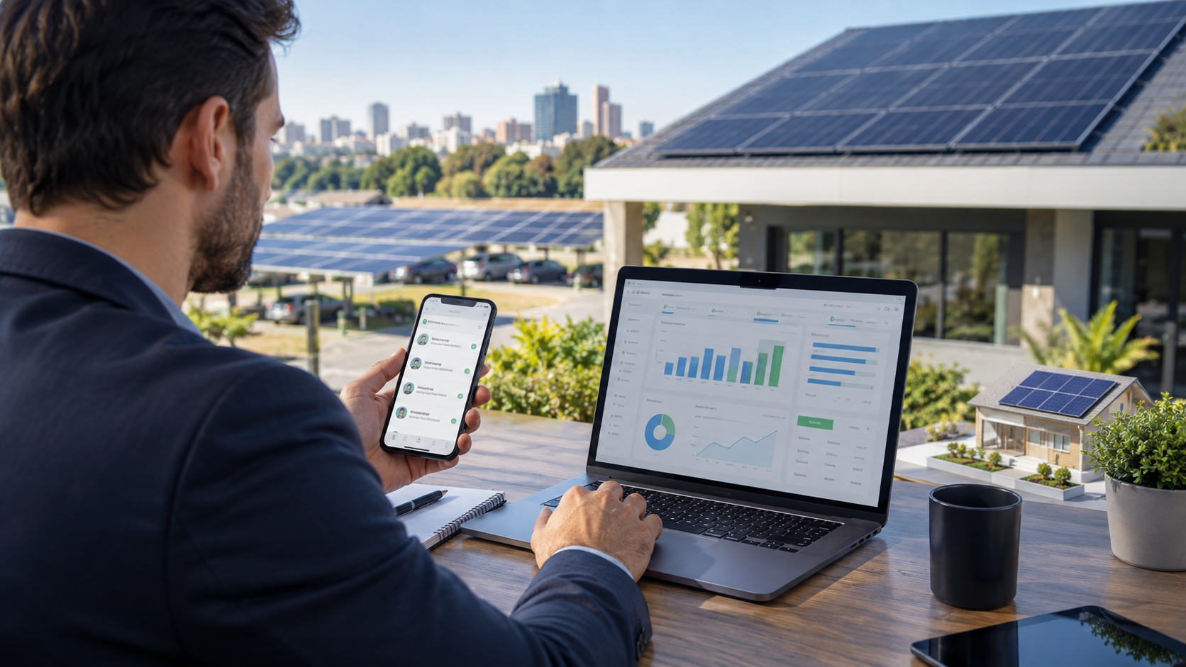 Gestor analisando dados, CRM e oportunidades de captação para energia solar