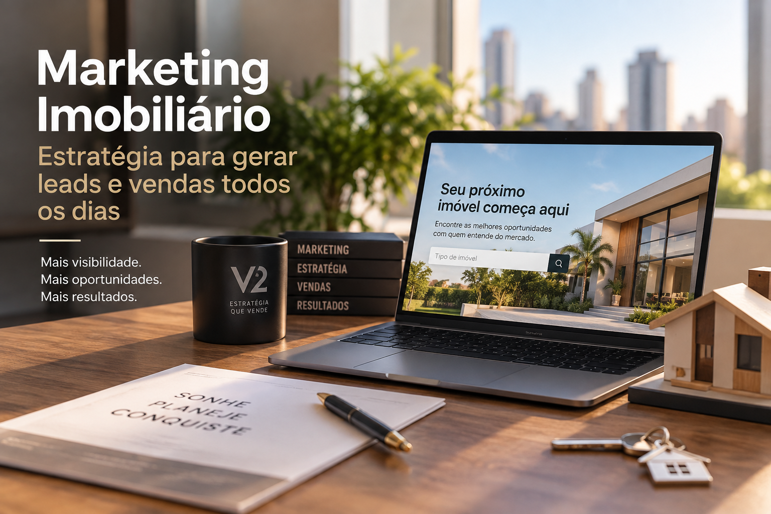 Notebook exibindo landing page de empreendimento imobiliário para captação de leads