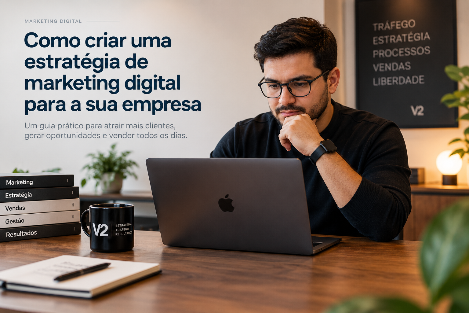 Profissional planejando estratégia de tráfego pago e processos comerciais para atuação imobiliária