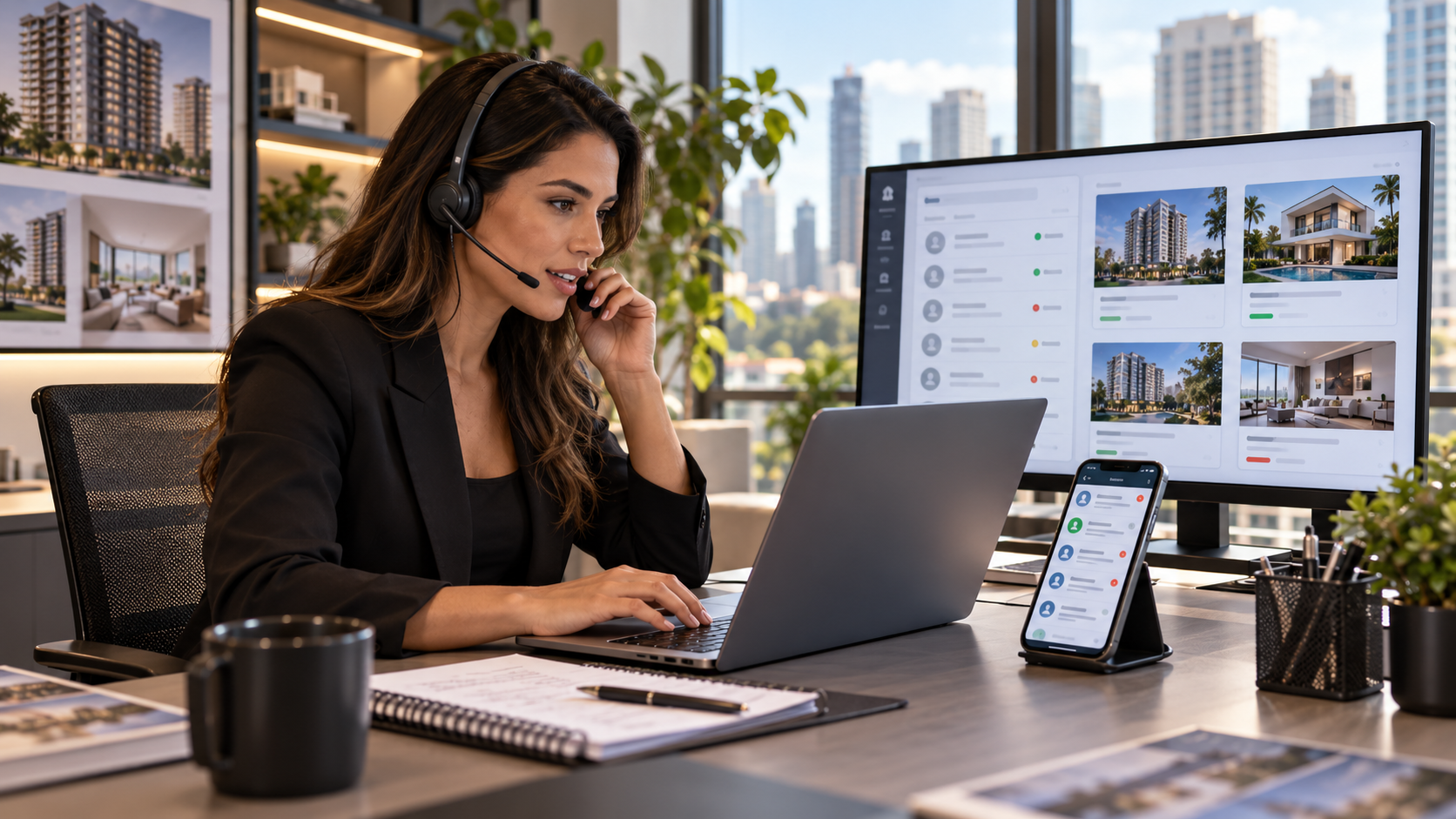 Corretora usando CRM e telefone no atendimento de leads imobiliários