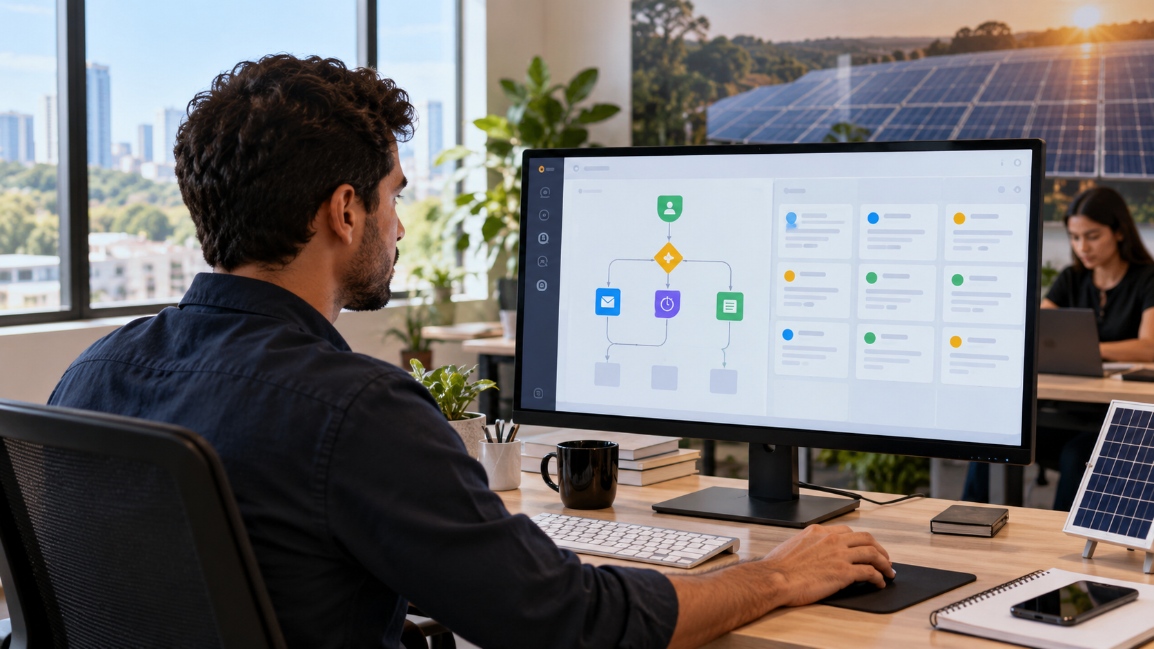 Profissional configurando automações de leads e follow-up em CRM para energia solar