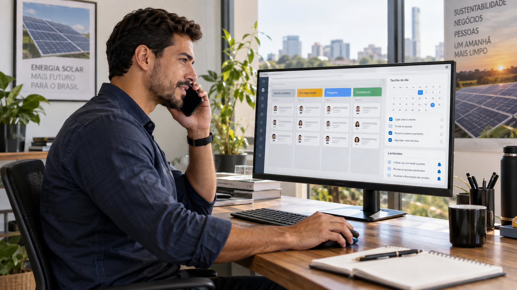 Vendedor de energia solar realizando follow-up com tarefas e lembretes no CRM