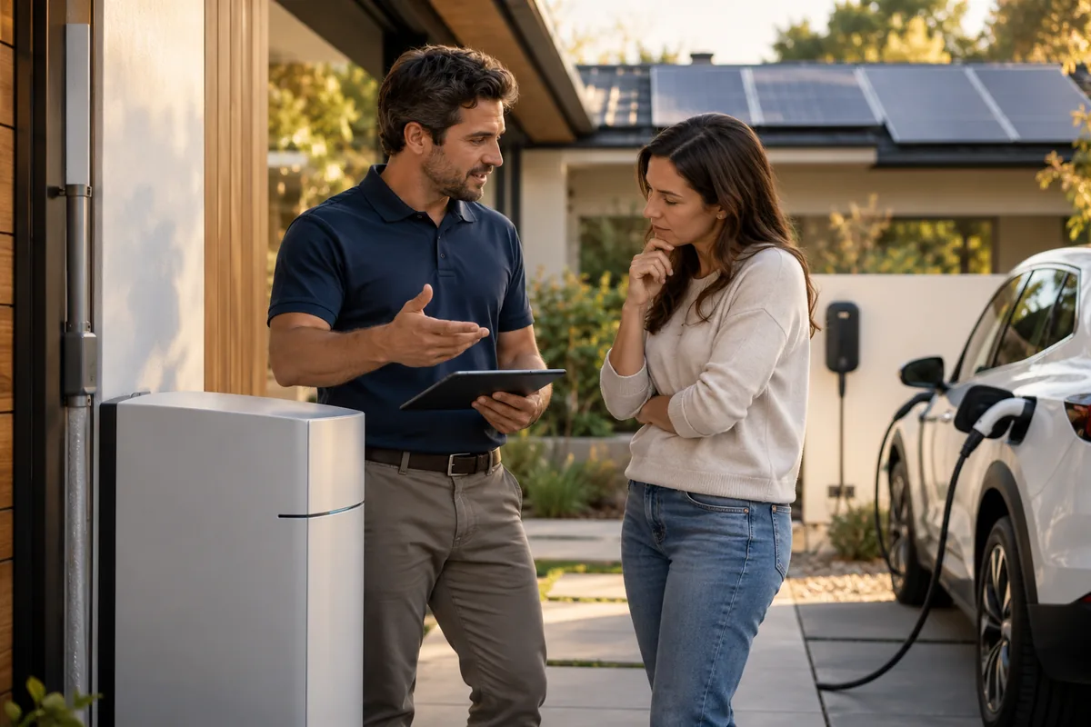 Consultor avaliando opções de armazenamento e recarga com um cliente de energia solar