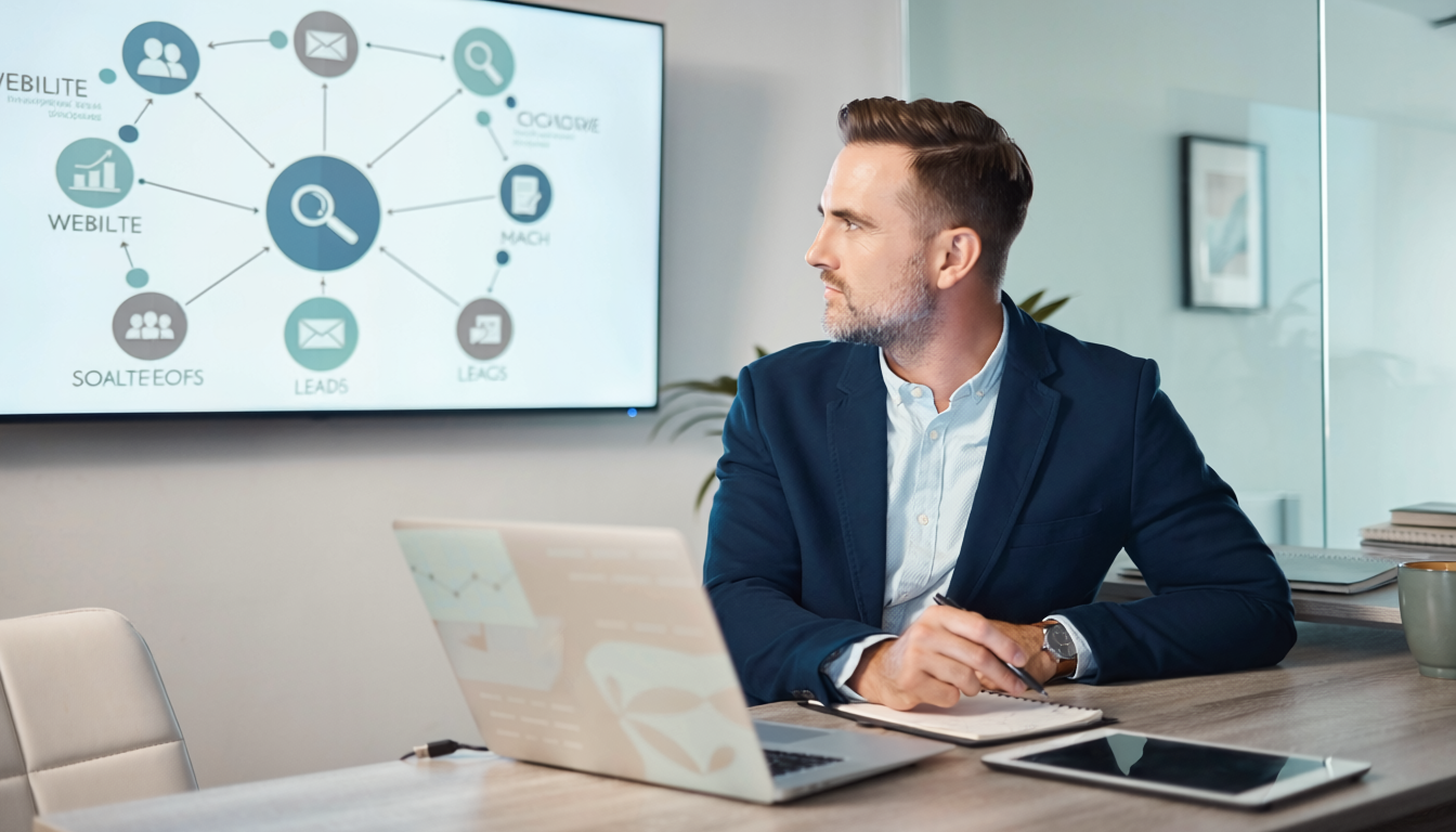 Empresário e estrategista analisando site, busca, redes sociais, email e geração de leads