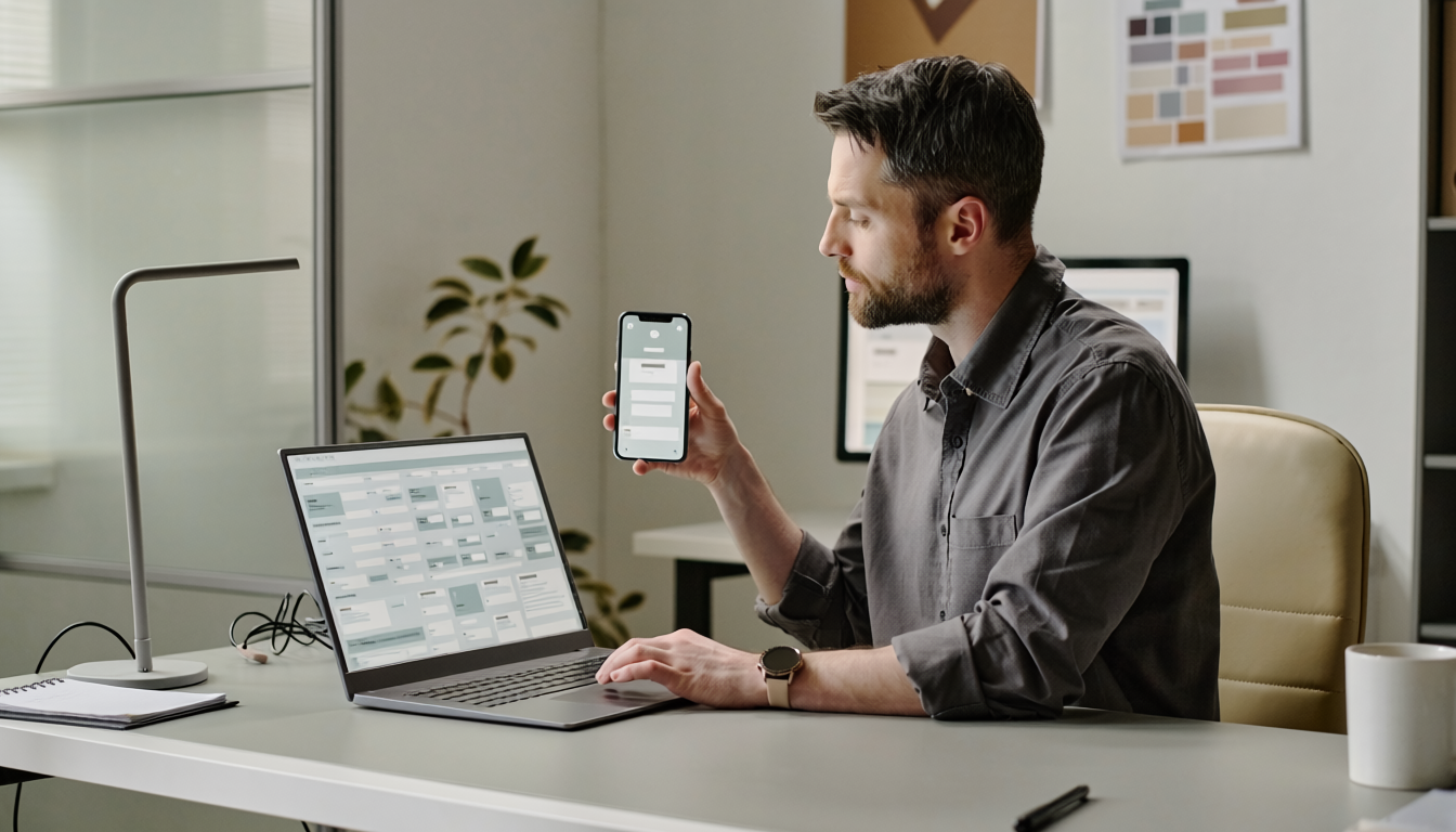 Especialista testando formulário de landing page em computador e celular