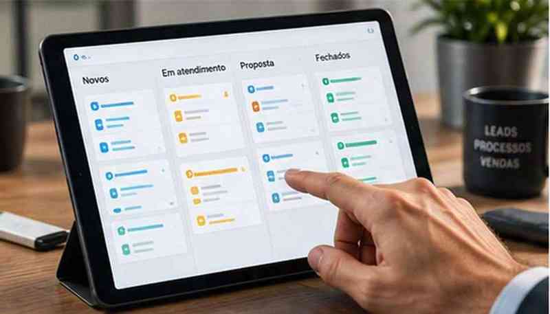 Pipeline de CRM com etapas de novos leads, atendimento, proposta e fechamento imobiliário
