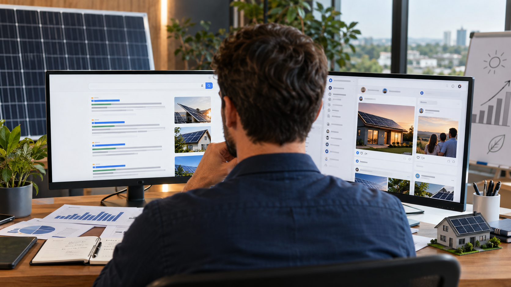 Profissional comparando Google Ads e Meta Ads em estratégia de marketing para energia solar