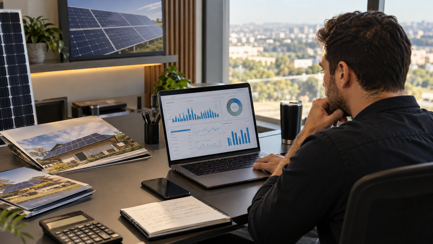 Gestor analisando métricas, orçamento e retorno de campanhas de energia solar