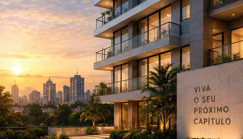 Empreendimento residencial moderno representando uma campanha de lançamento imobiliário