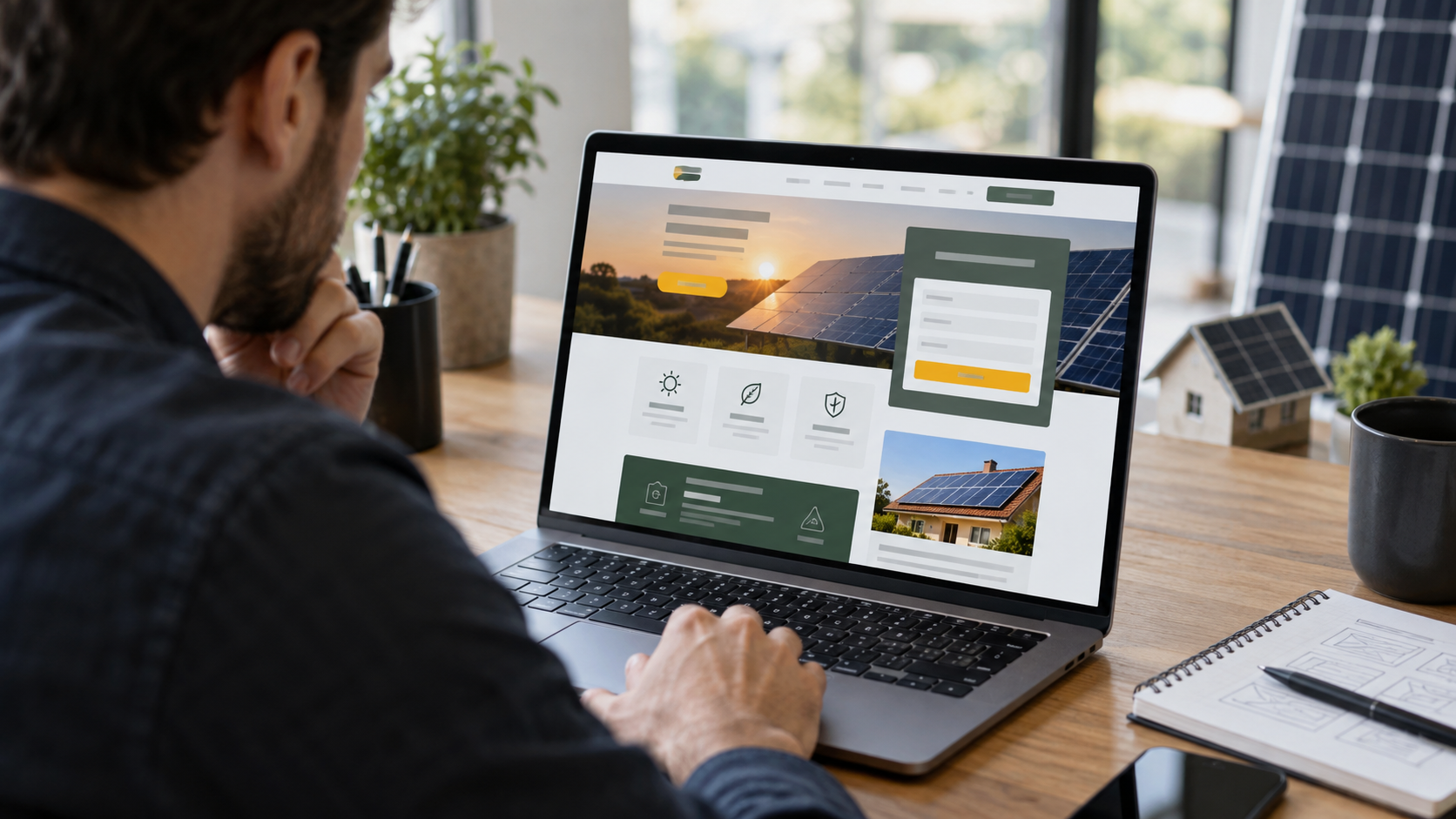 Profissional analisando landing page de energia solar com formulário de conversão