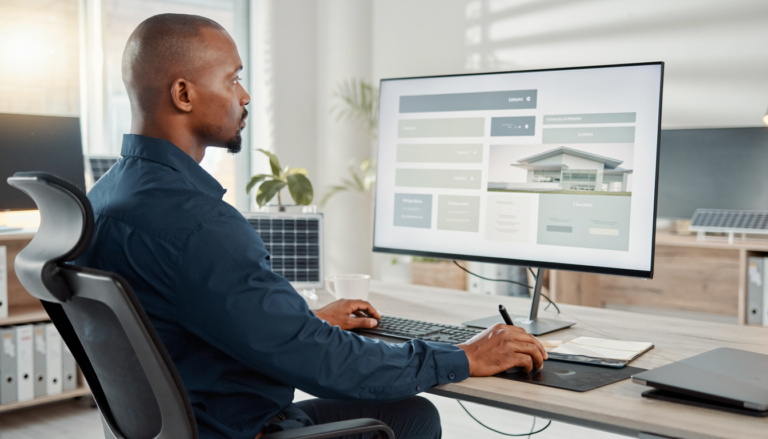 Estrategista e consultor solar analisando uma landing page voltada à geração de leads.