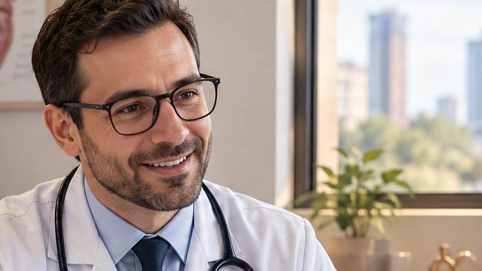 Cardiologista conversando com paciente durante atendimento no consultório