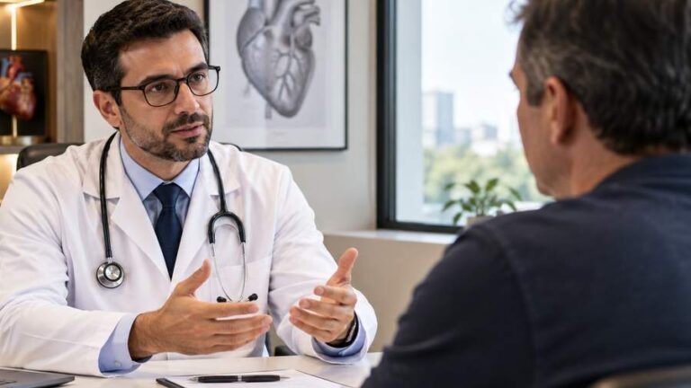 Cardiologista conversando com paciente em consultório moderno