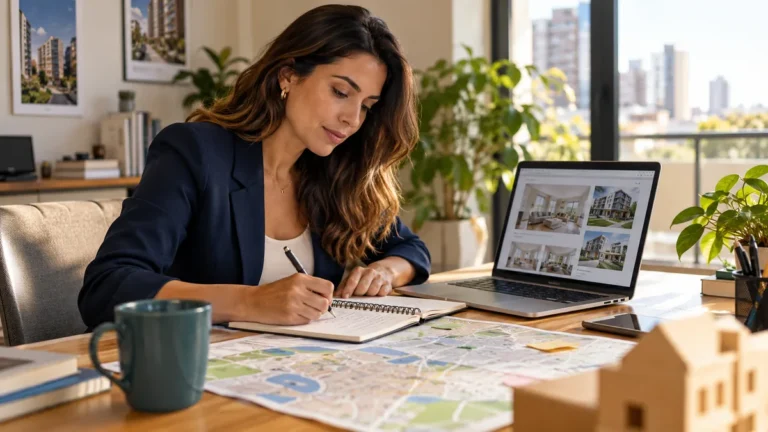 Corretora planejando a divulgação de imóveis com site próprio e mapa da região