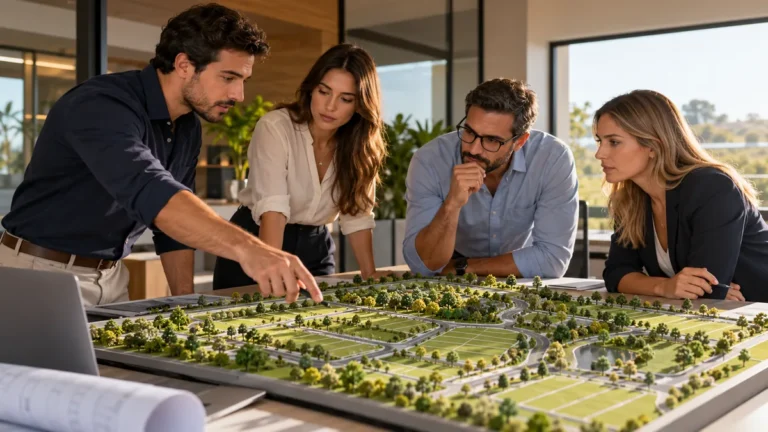 Equipe de loteadora analisando uma maquete de empreendimento e o planejamento comercial