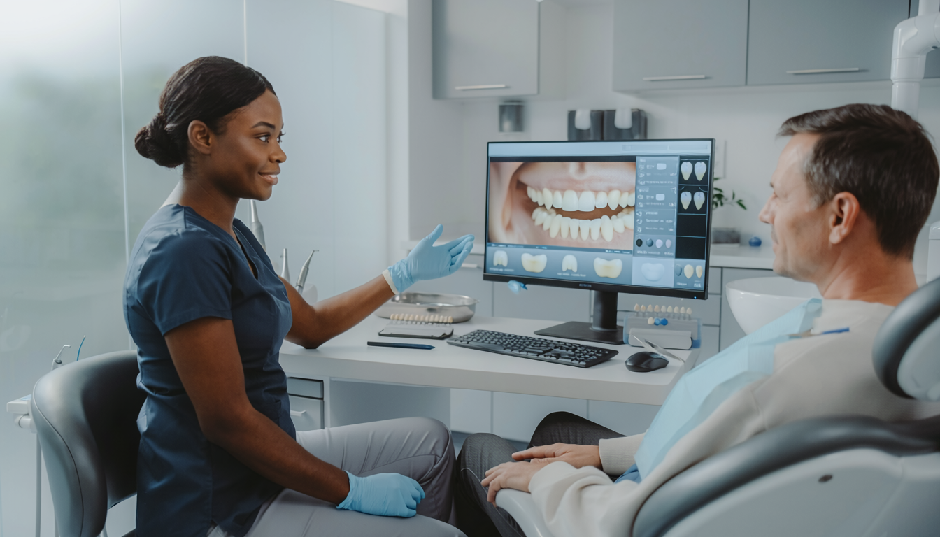 Dentista apresentando planejamento estético para paciente