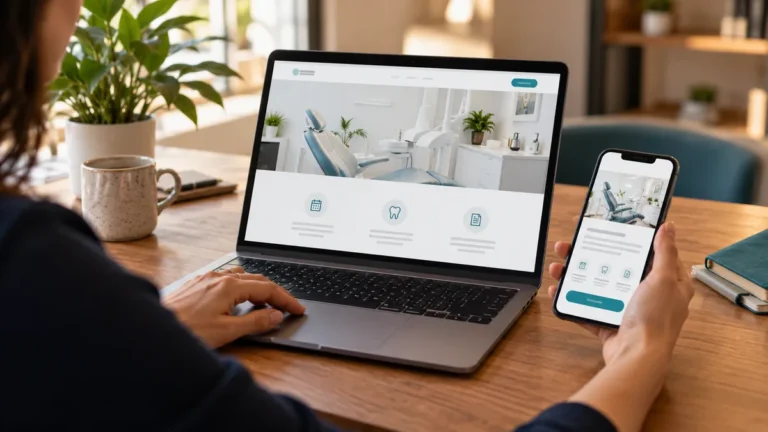 Página de atendimento odontológico apresentada em notebook e celular com opção de contato