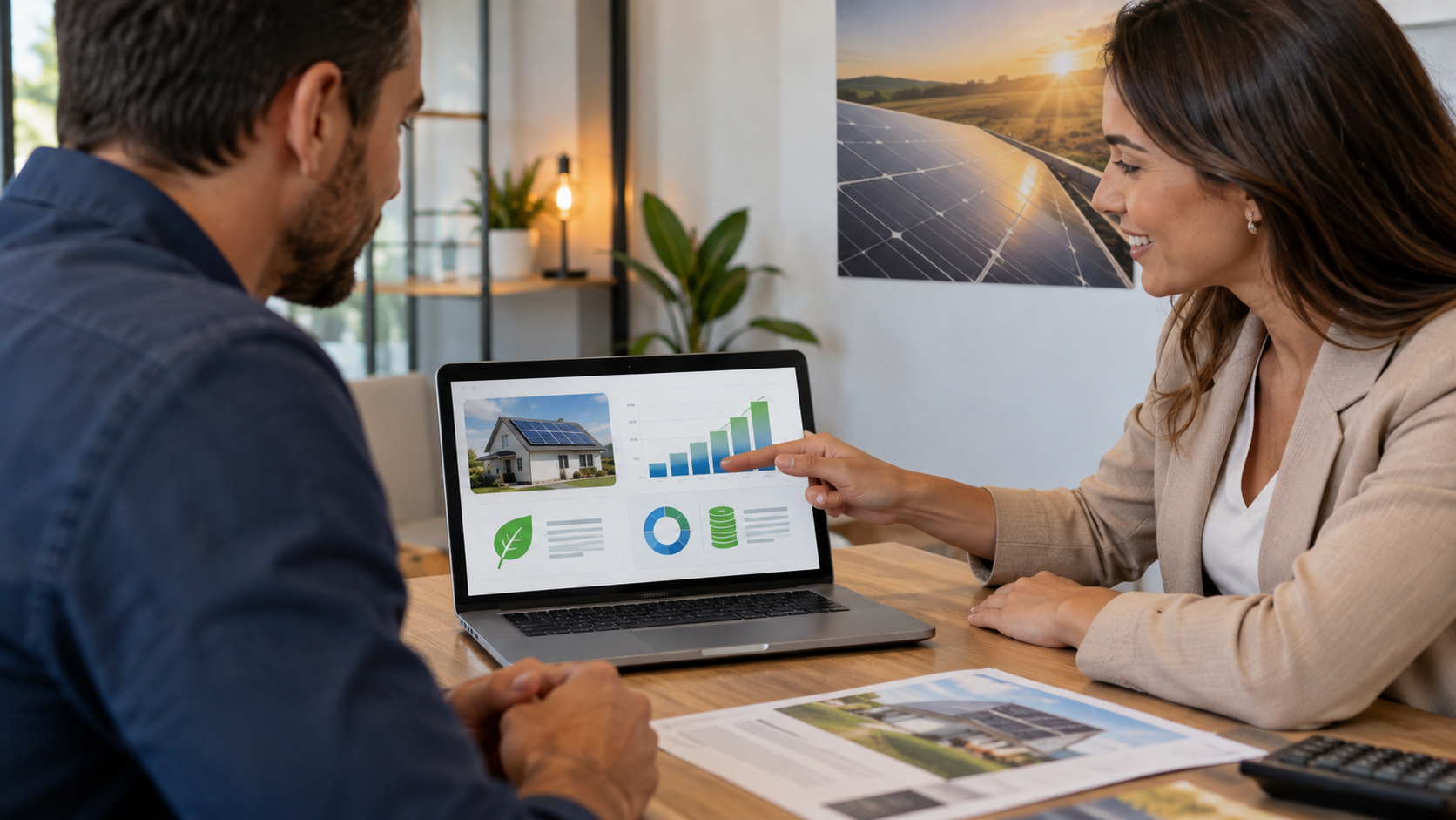 Consultor orientando clientes sobre análise e pré-qualificação de crédito para energia solar