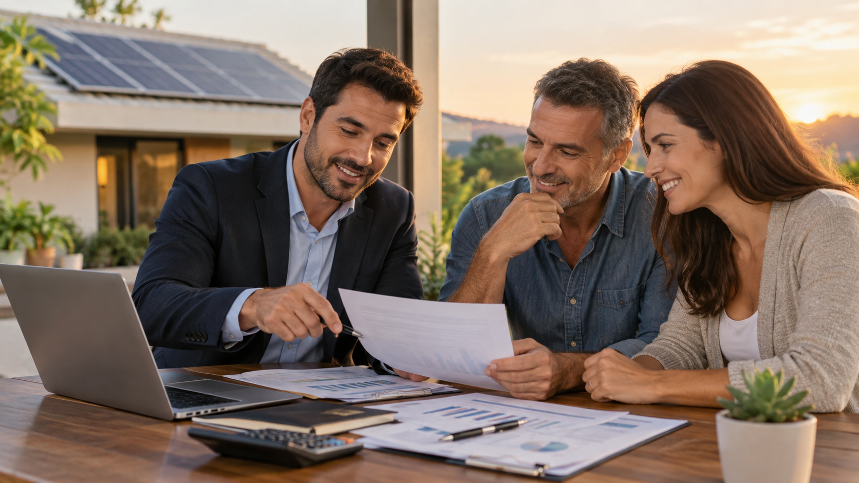 Consultor apresentando proposta comercial de energia solar a clientes residenciais