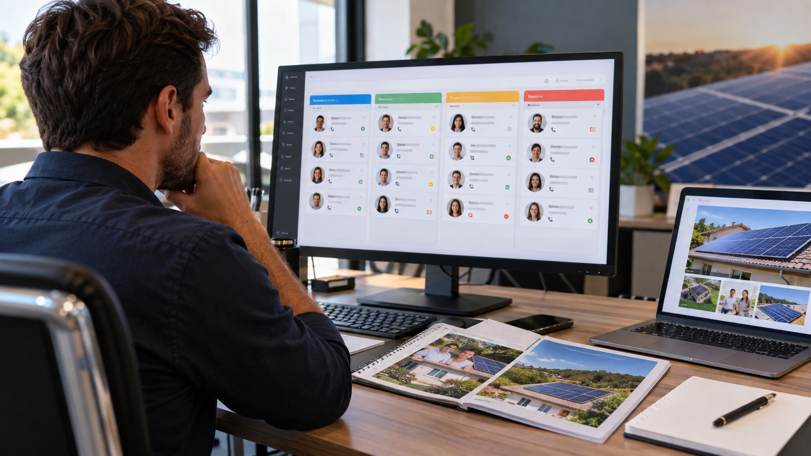 Gestor avaliando leads de energia solar em funil de CRM para priorizar oportunidades