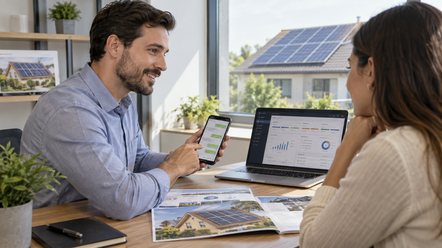 Consultor de energia solar usando WhatsApp e CRM durante atendimento comercial