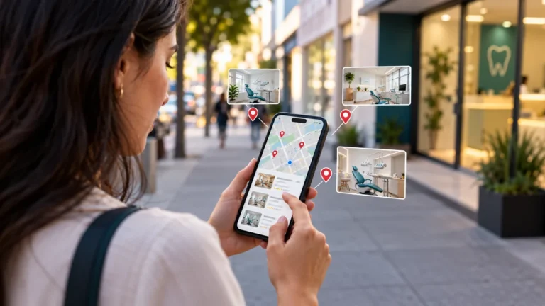 Pessoa pesquisando opções de clínicas odontológicas próximas pelo celular
