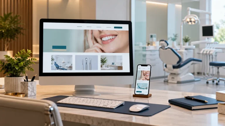Site de clínica odontológica exibido em computador e celular