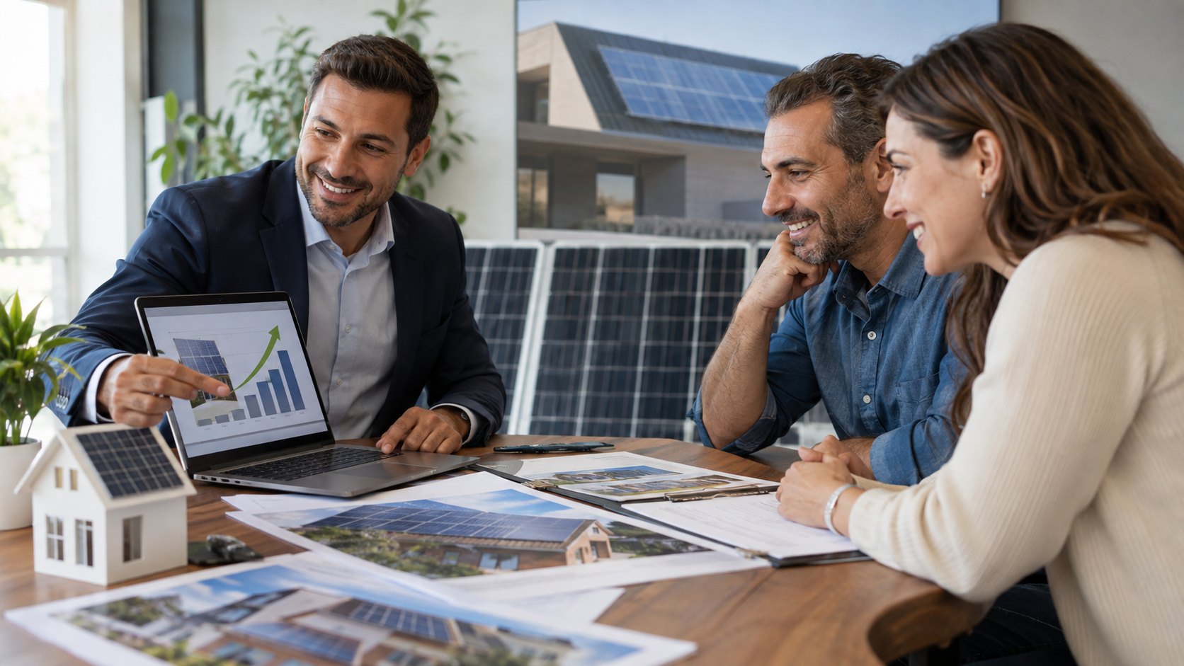 Consultor apresentando estratégia de crescimento de vendas para clientes de energia solar