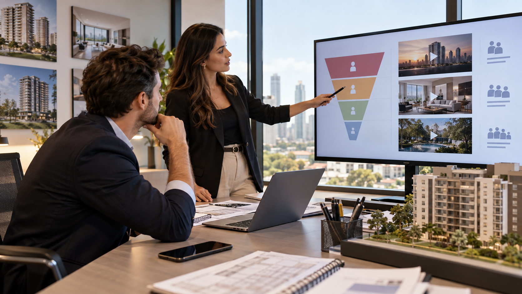 Equipe planejando funil de YouTube Ads para pré-lançamento de empreendimento imobiliário