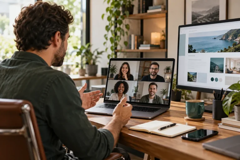 Cena ilustrativa de empresário em reunião online para planejar um site.